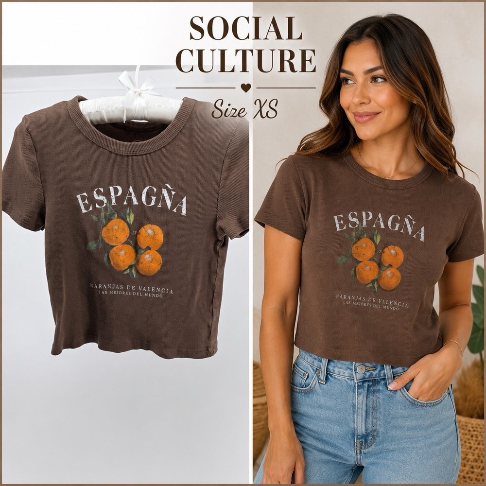 Social Culture Espana Oranges Ribbed Baby Tee Brown Graphic Crop Top Size XS